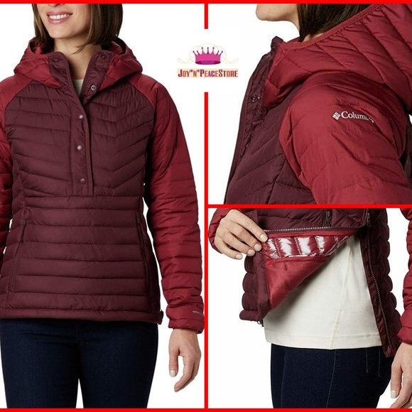Columbia Women Omni-Heat Thermal Powder Lite Insulated Anorak Red Hooded Jacket